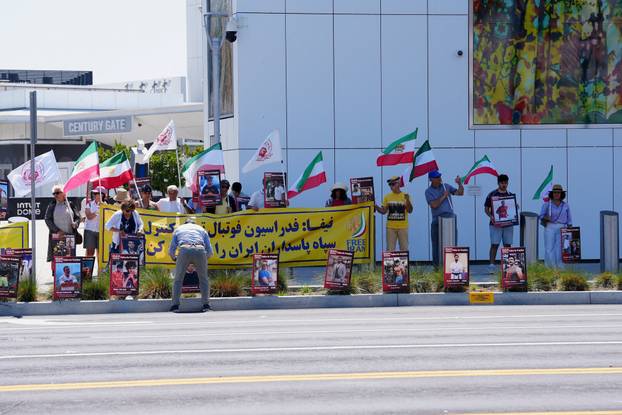 Protest ahead of Iran's first match during the FIFA World Cup 2026, near SoFi Stadium