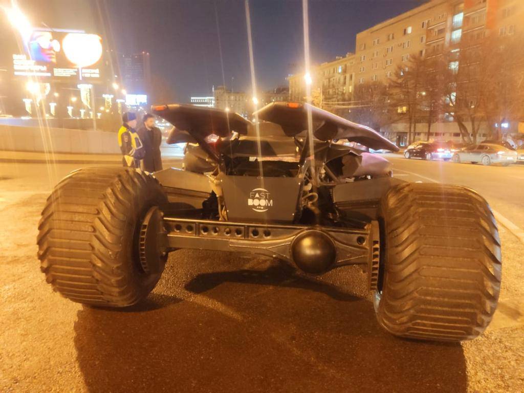 A vehicle resembling the Batmobile from the film "Batman v Superman: Dawn of Justice" stopped by traffic police in Moscow, is seen in this handout photo