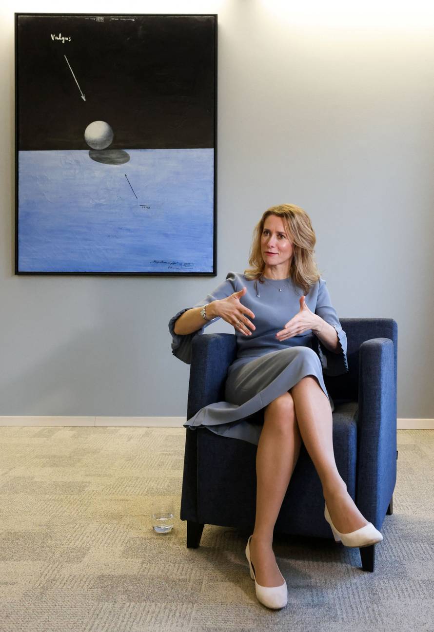 Estonian Prime Minister Kaja Kallas speaks during an interview with Reuters in Brussels