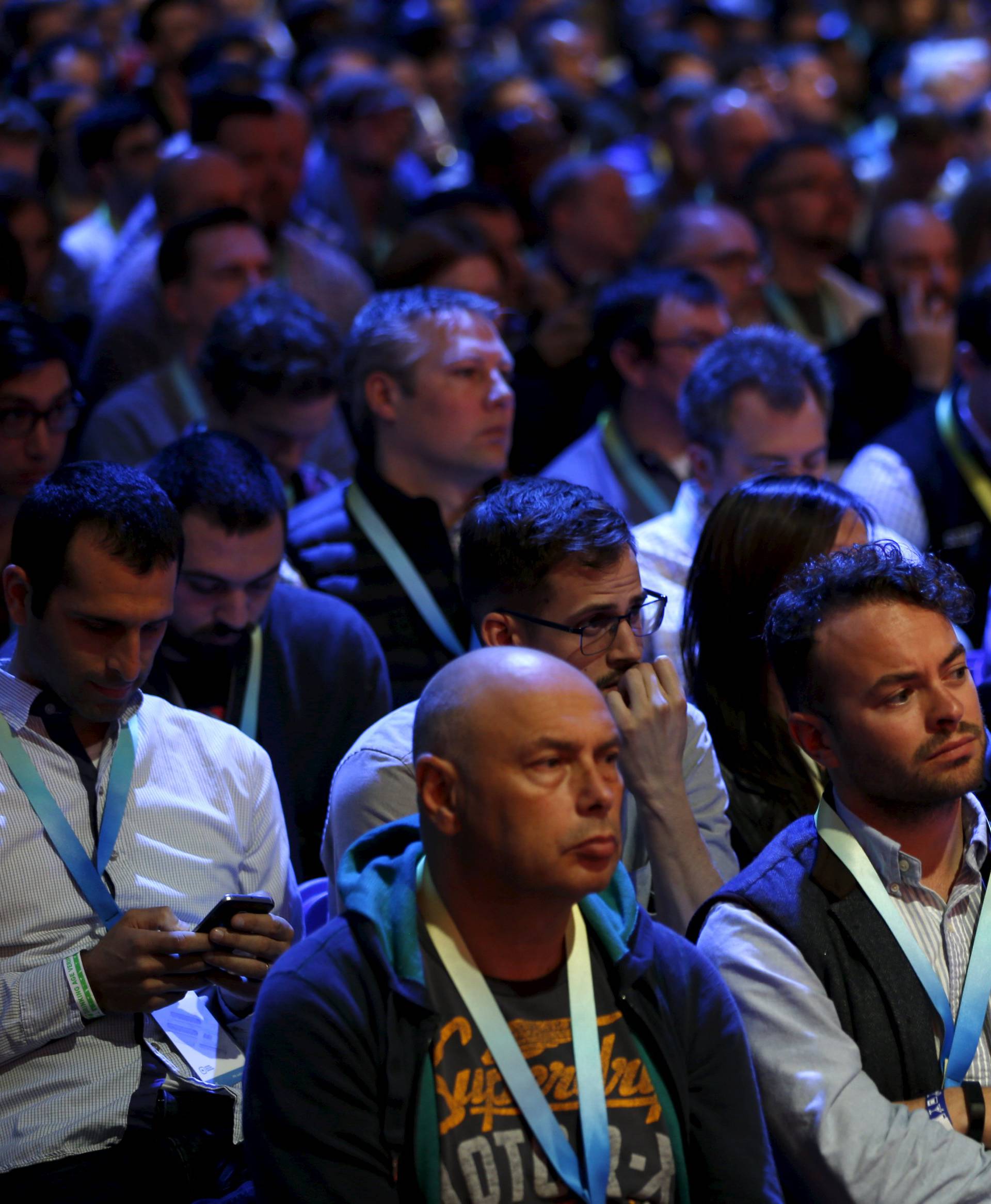 Attendees watch the opening keynote during the Facebook F8 conference in San Francisco, California 