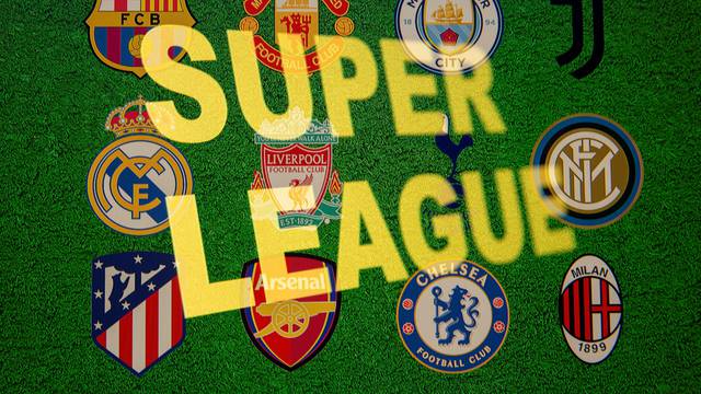 FILE PHOTO: Super League words are seen in front of twelve of Europe's top football clubs logos in this illustration
