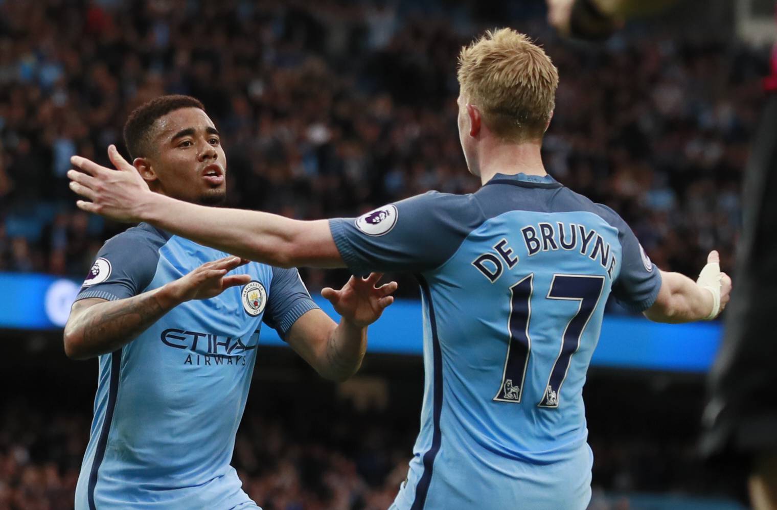 Manchester City's Gabriel Jesus celebrates scoring their first goal with Kevin De Bruyne