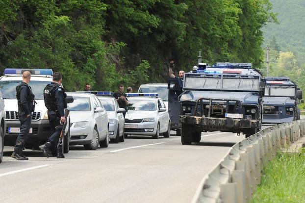 Kosovo police secure the area near of Zubin Potok