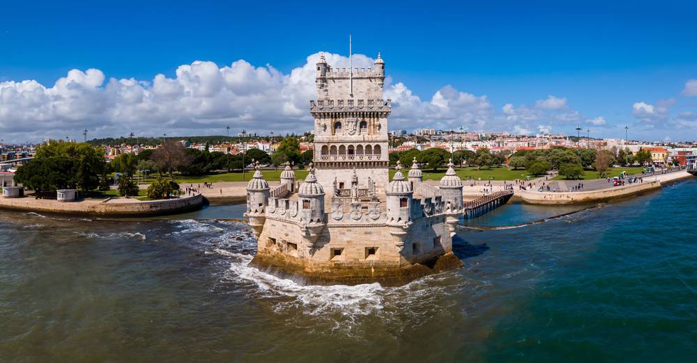 Aerial,View,Of,Tower,Of,Belem,,Lisbon,,Portugal,On,The