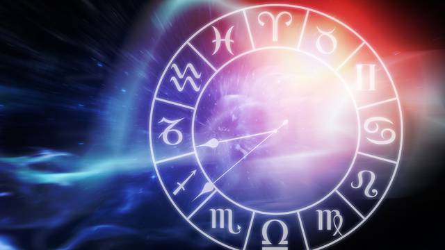 Composite image of digitally composite image of clock with various zodiac signs 