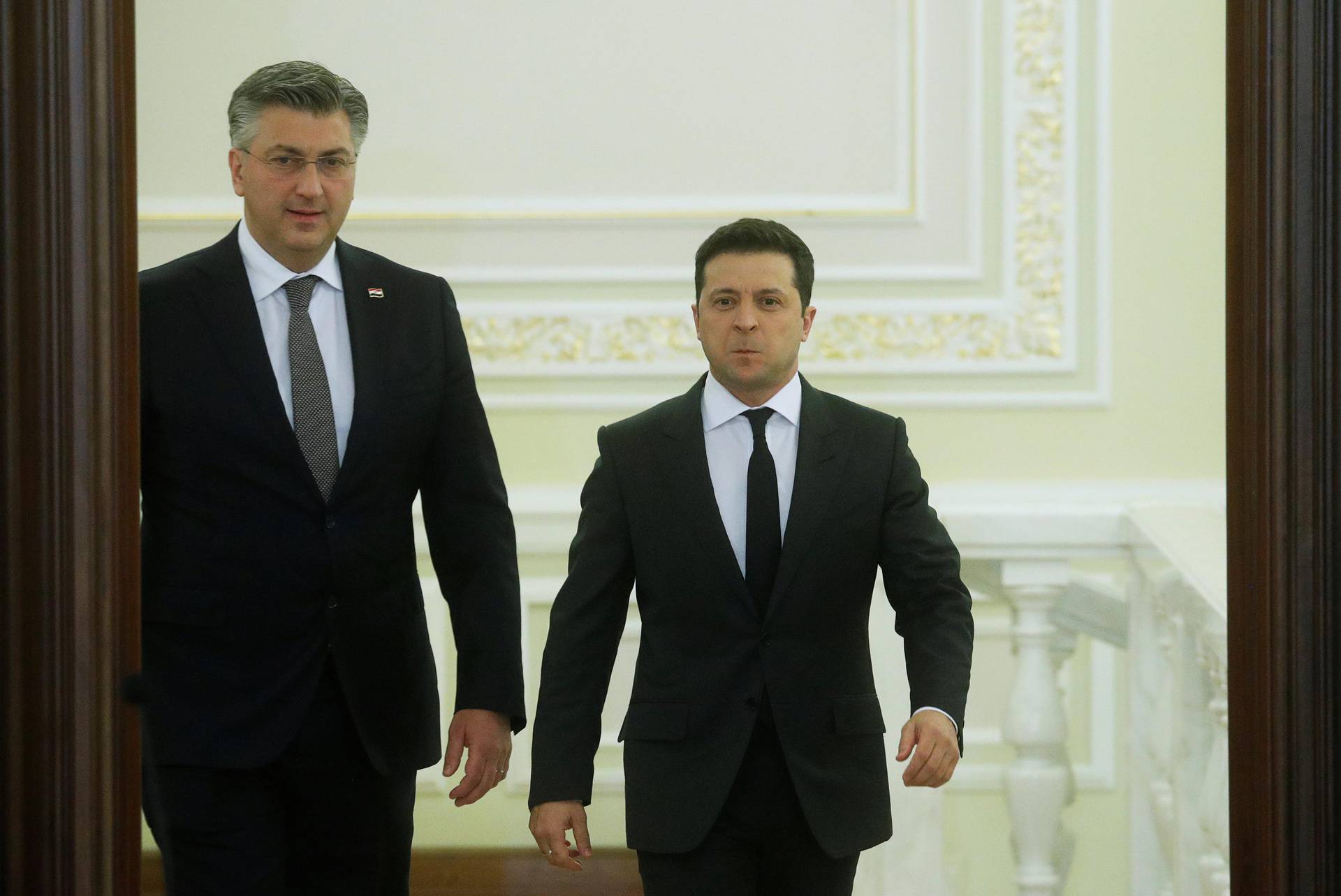 Ukrainian President Volodymyr Zelenskiy and Croatian Prime Minister Andrej Plenkovic deliver a joint statement in Kyiv