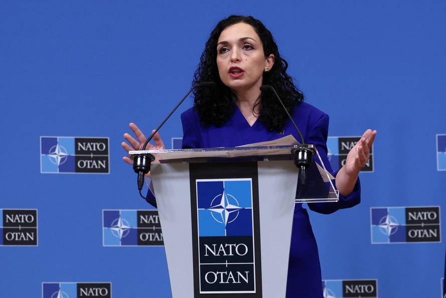 Kosovo President Vjosa Osmani-Sadriu attends a press conference at NATO headquarters in Brussels