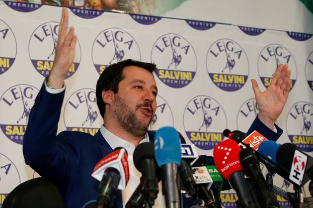 Northern League party leader Matteo Salvini gestures as he talks during a news conference, the day after Italy