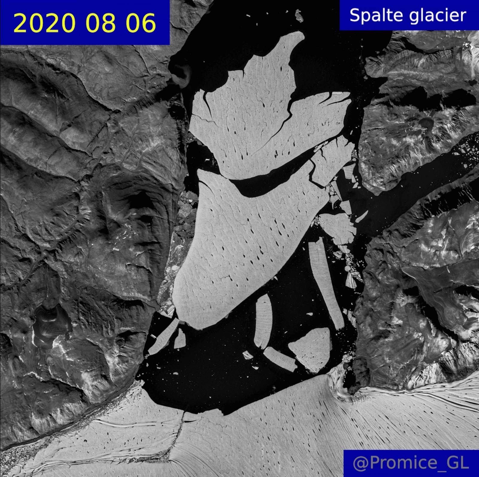 A satellite image shows the Spalte glacier in 2020