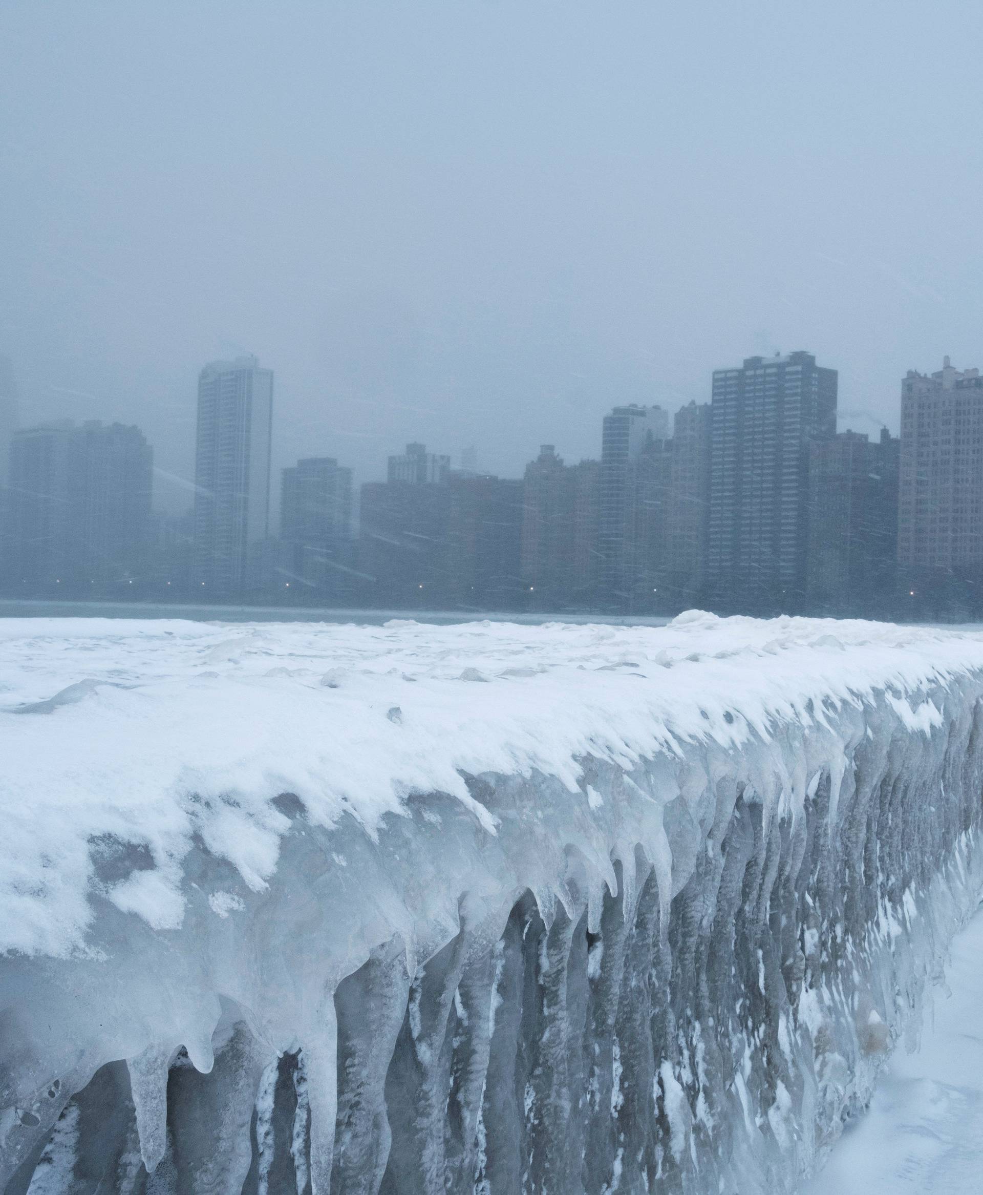 Icicles form on the walkway at North Avenue Beach of Lake Michigan in Chicago