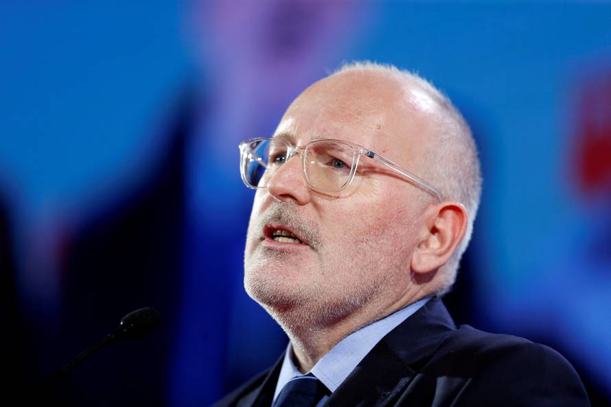 FILE PHOTO: Frans Timmermans, the newly elected Party of European Socialists President, speaks during the Party of European Socialists annual meeting in Lisbon
