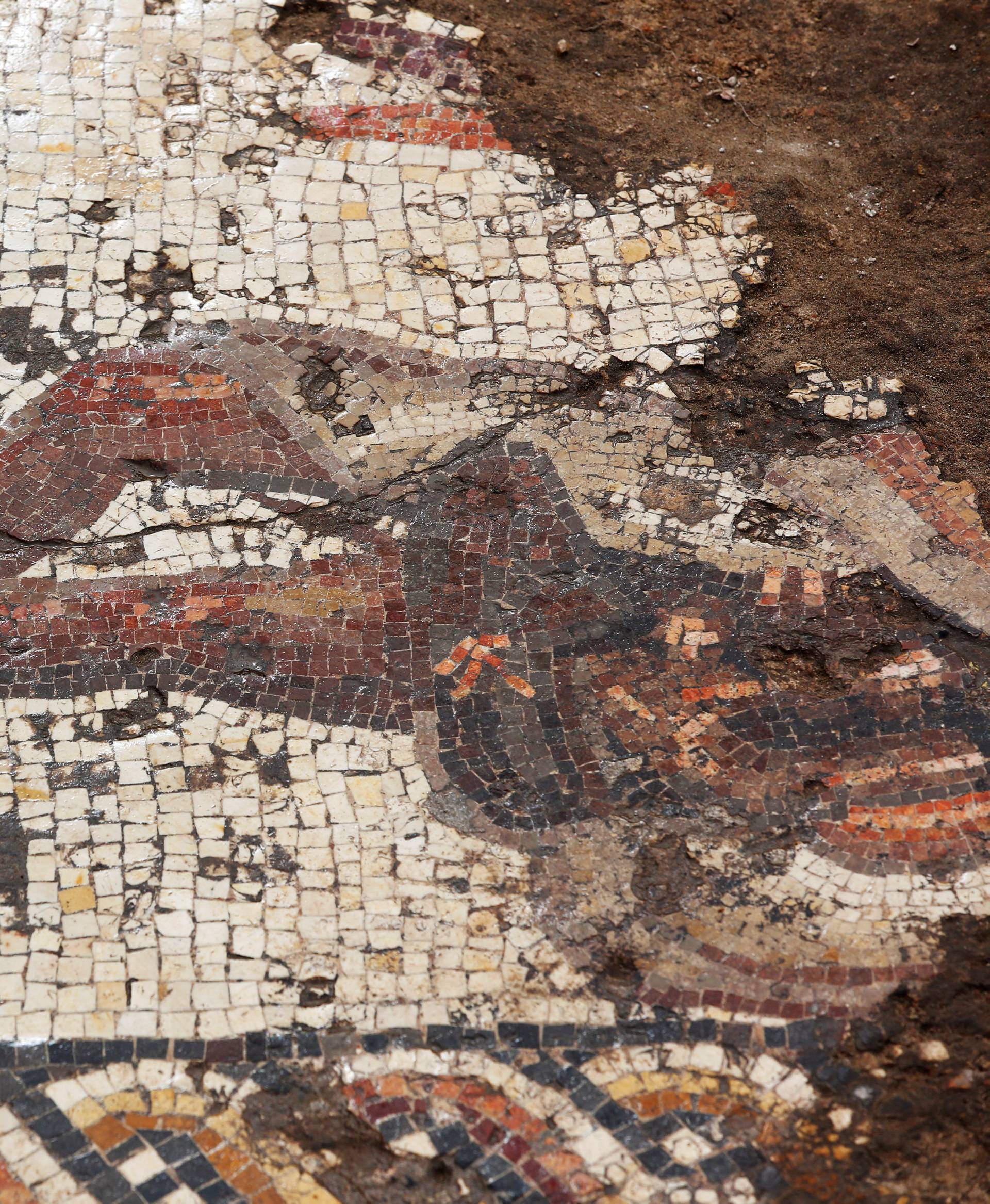A decoration of a figure is seen on a mosaic floor which archaeologists say is 1,800 years old and was unearthed during an Israel Antiquities Authority excavation in Caesarea