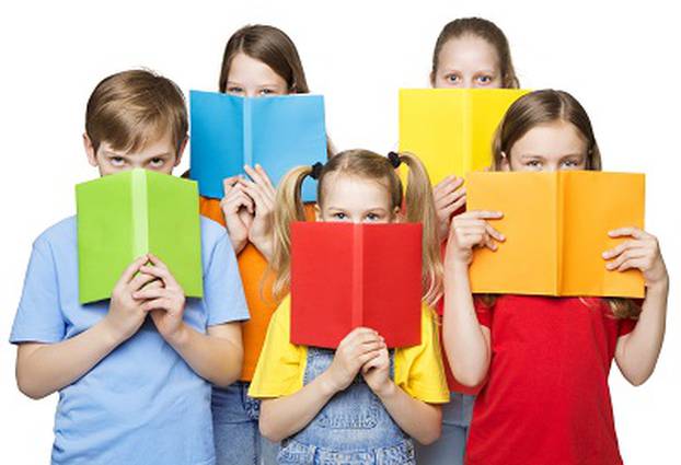 Children Reading Open Books, School Kids Group Eyes behind Blank