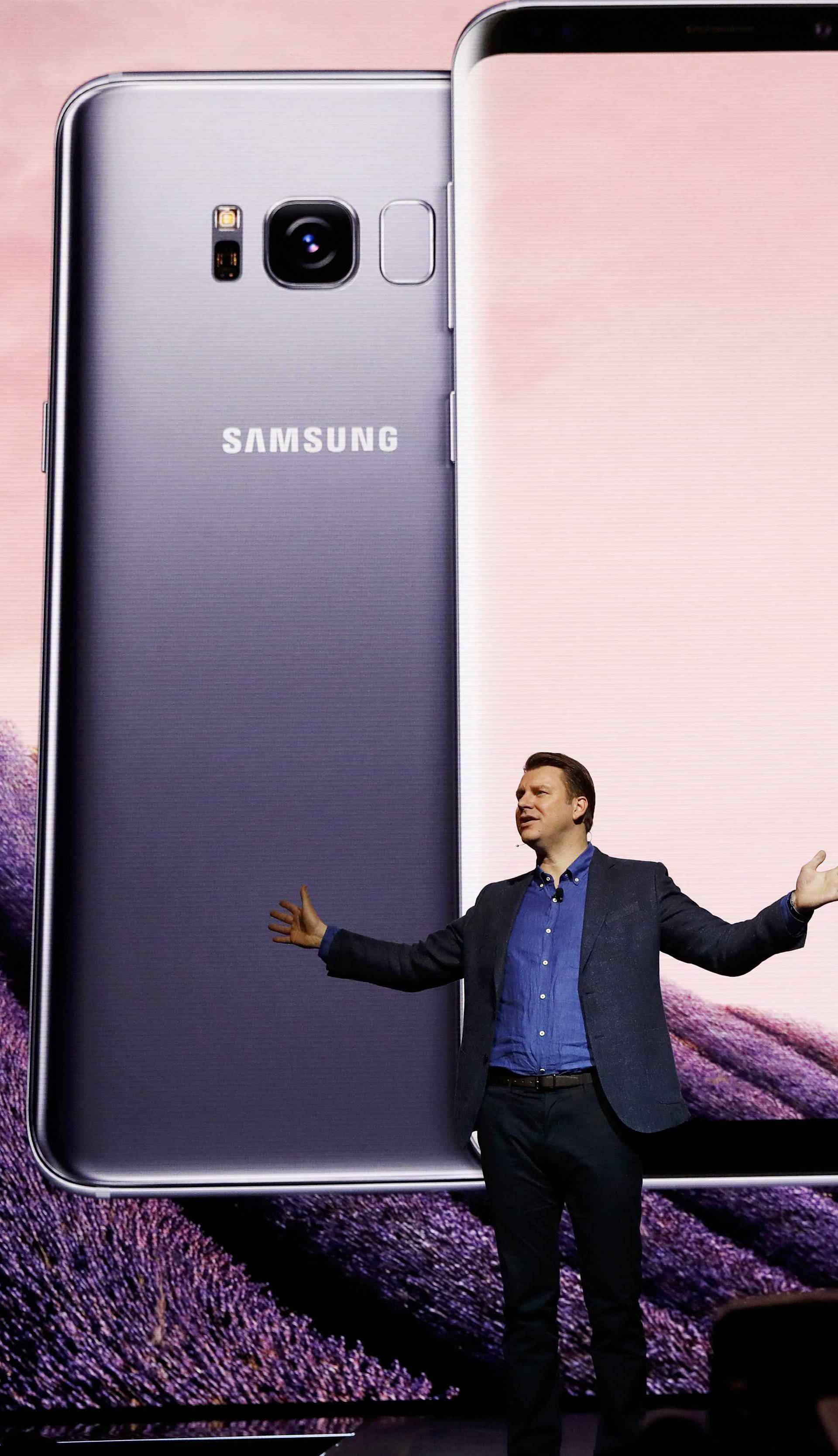 Justin Denison, Samsung senior vice president of Product Strategy, introduces the Galaxy S8 and S8+ smartphones during the Samsung Unpacked event in New York City