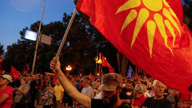 Supporters of North Macedonia's biggest opposition party VMRO-DPMNE rally in Skopje