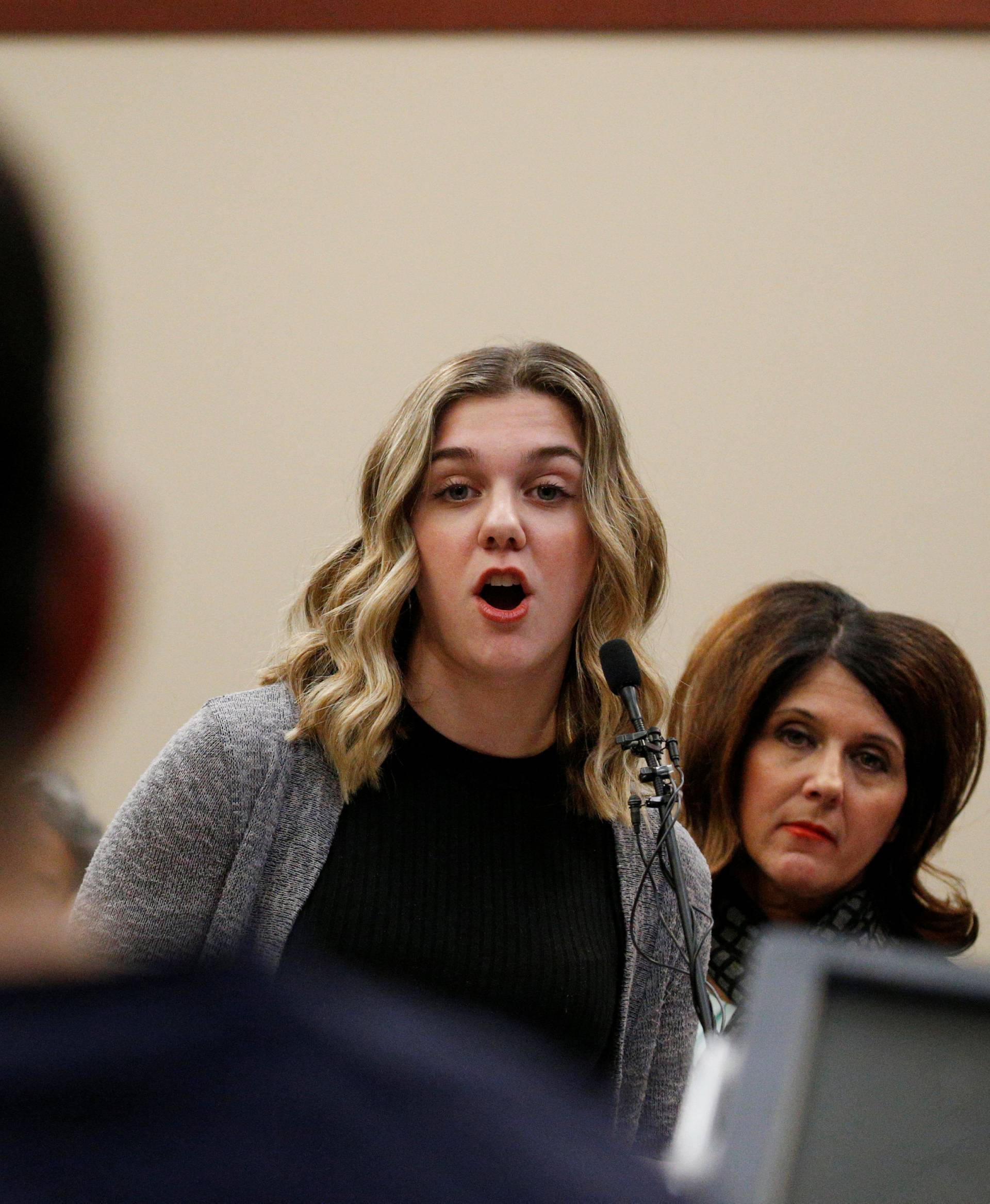 Victim Hannah Morrow speaks at the sentencing hearing for Larry Nassar, a former team USA Gymnastics doctor who pleaded guilty in November 2017 to sexual assault charges, in Lansing, Michigan
