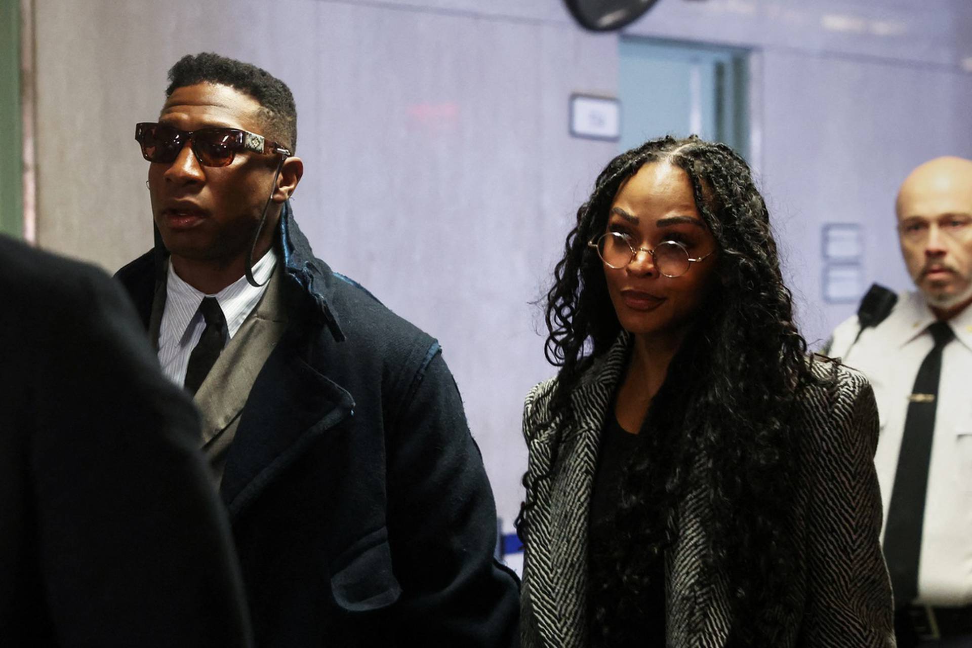 Actor Jonathan Majors arrives with Meagan Good for the jury selection in his  assault and harassment case at Manhattan Criminal Court in New York City