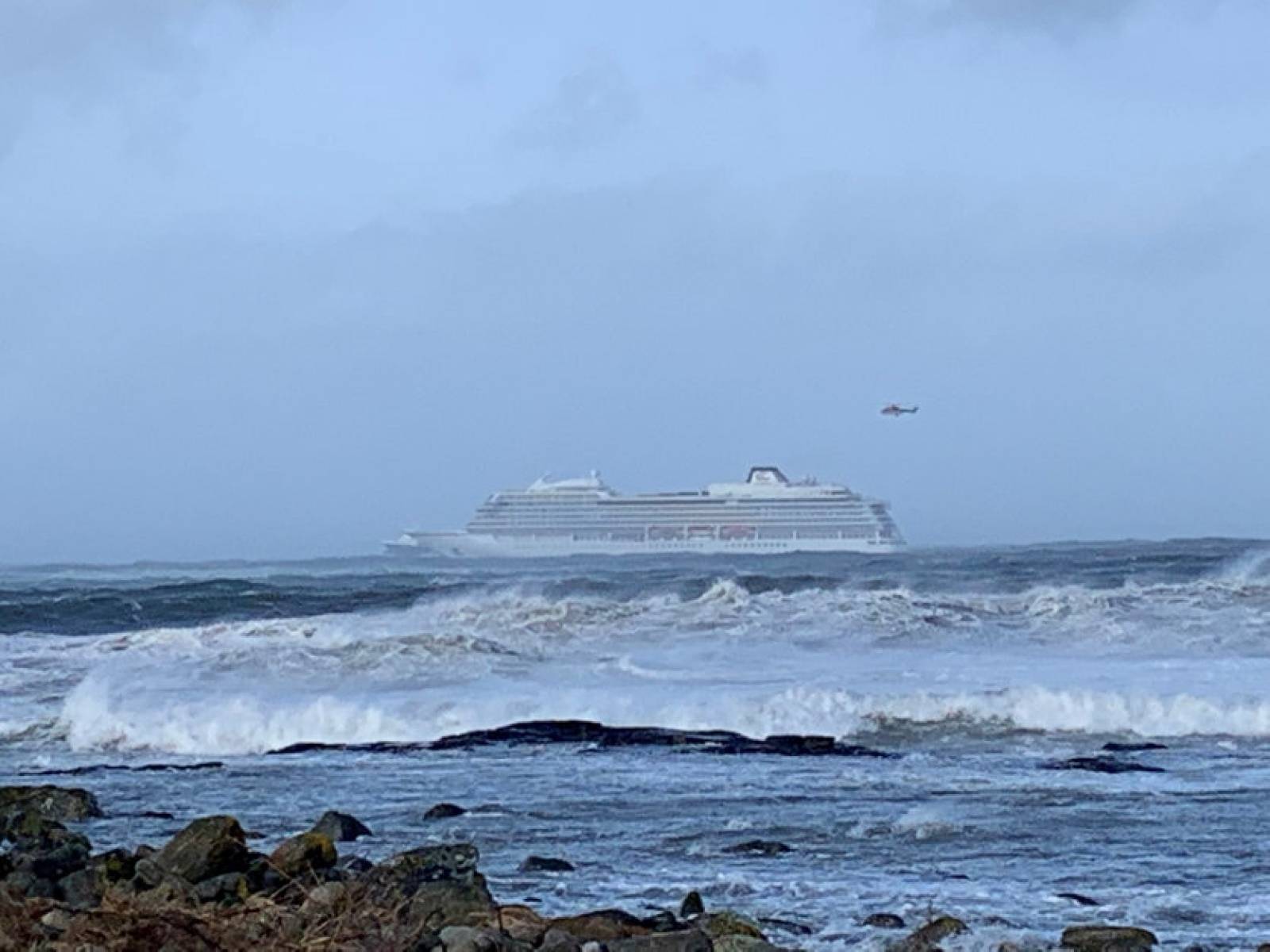 A cruise ship Viking Sky drifts towards land after an engine failure in Hustadvika