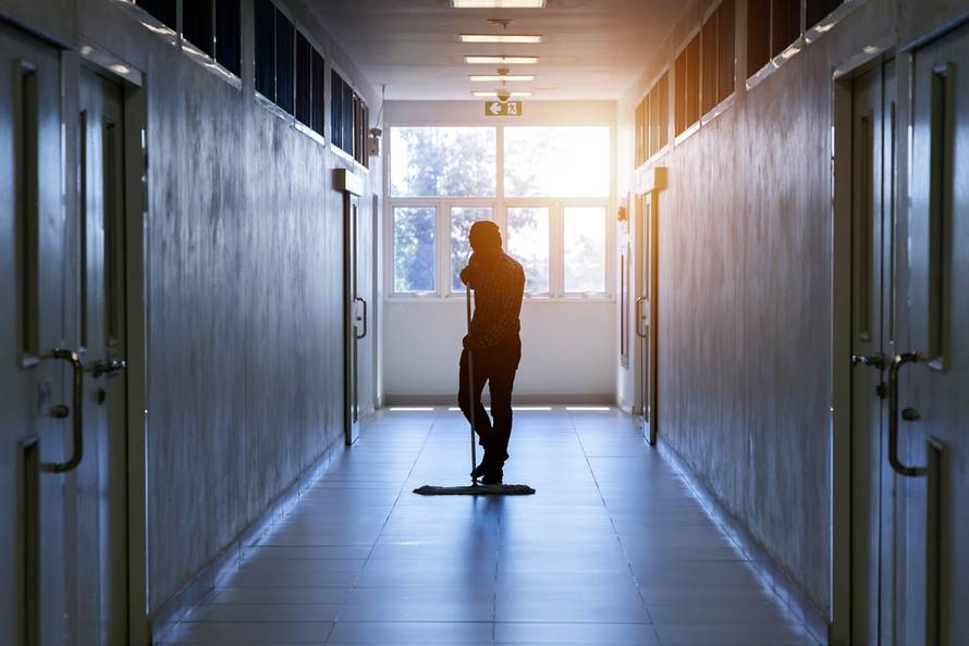 Janitor,Man,Mopping,Floor,In,Hallway,Office,Building,Or,Walkway