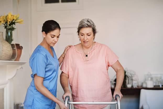 Caregiver,,Woman,And,Helping,With,Walker,At,Nursing,Home,For
