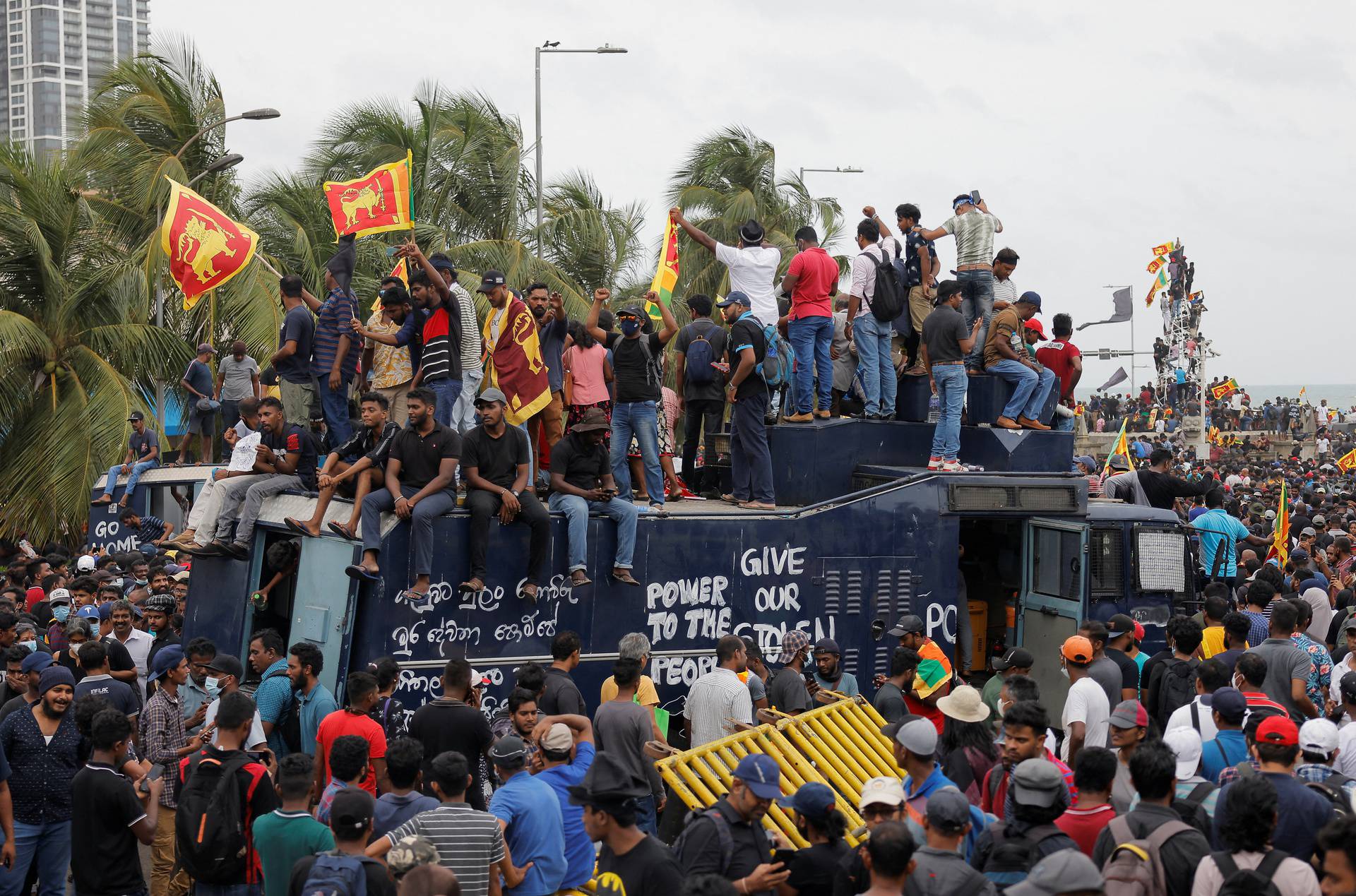 Demonstrators protest at the Presidential Secretariat, after President Gotabaya Rajapaksa fled, in Colombo