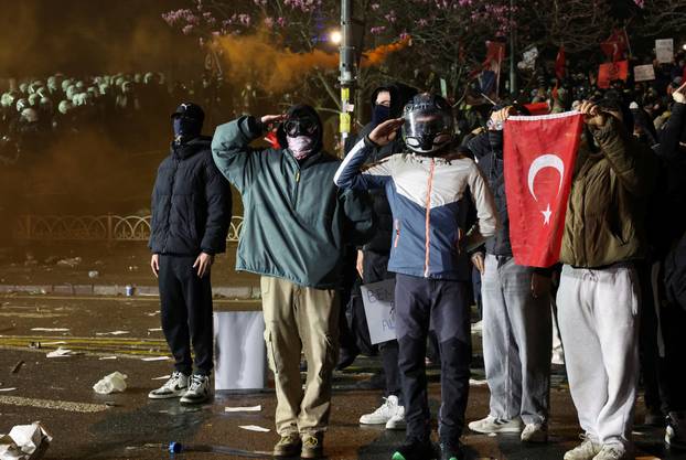 People take part in a protest on the day Istanbul Mayor Ekrem Imamoglu was jailed as part of a corruption investigation, in Istanbul