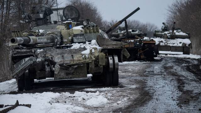 Destroyed Russian tanks are seen in the Sumy region