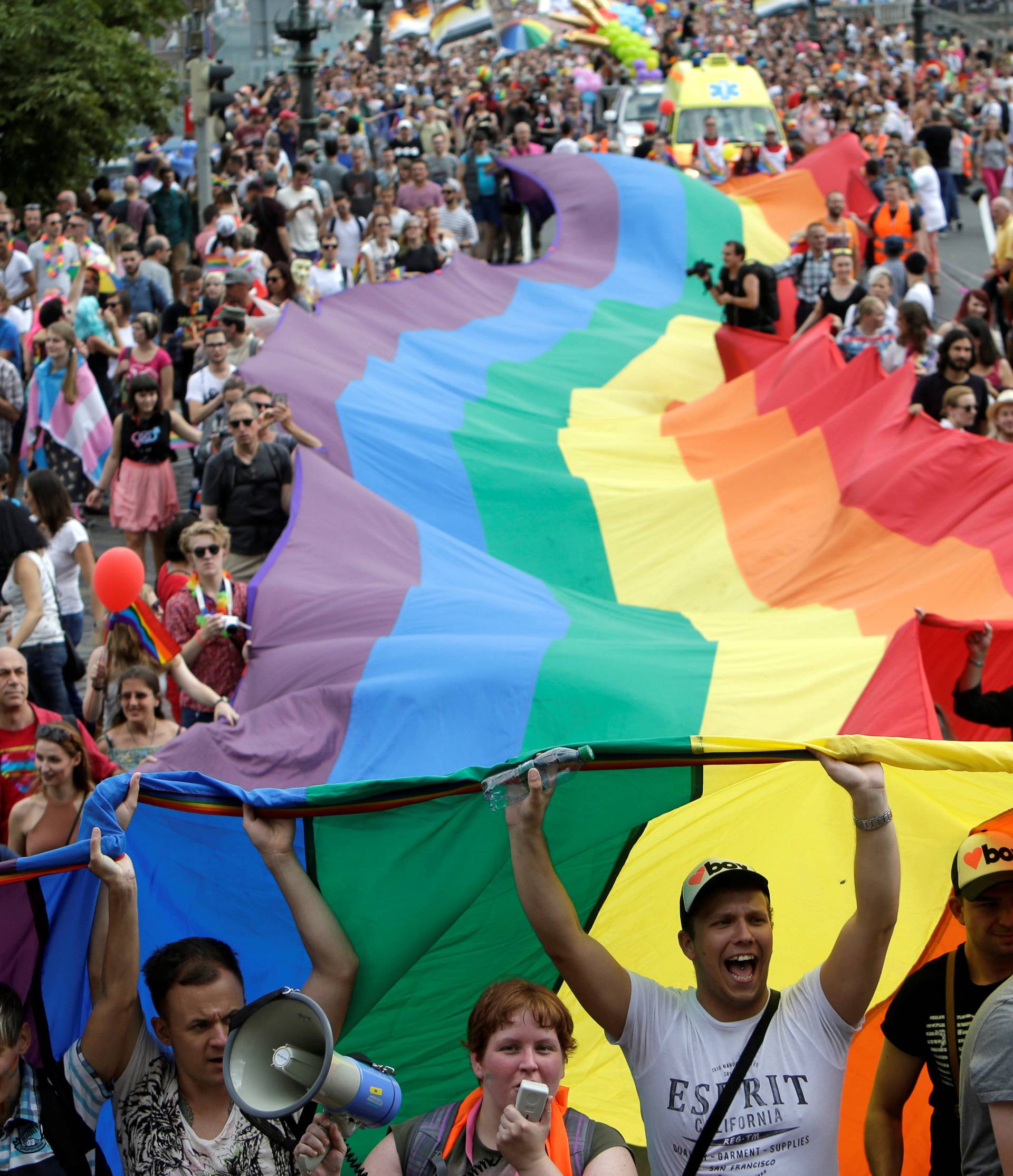 Participants hold a giant rainbow flag during the Prague Pride Parade where thousands marched through the city centre in support of gay rights, in Czech Republic