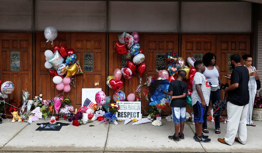 A memorial in memory of singer Aretha Franklin is seen outside New Bethel Baptist Church in Detroit,