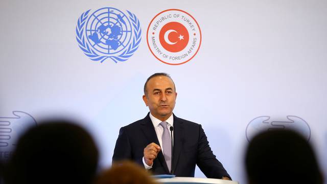 Turkey's Foreign Minister Cavusoglu speaks during a news conference at a UN summit in Antalya