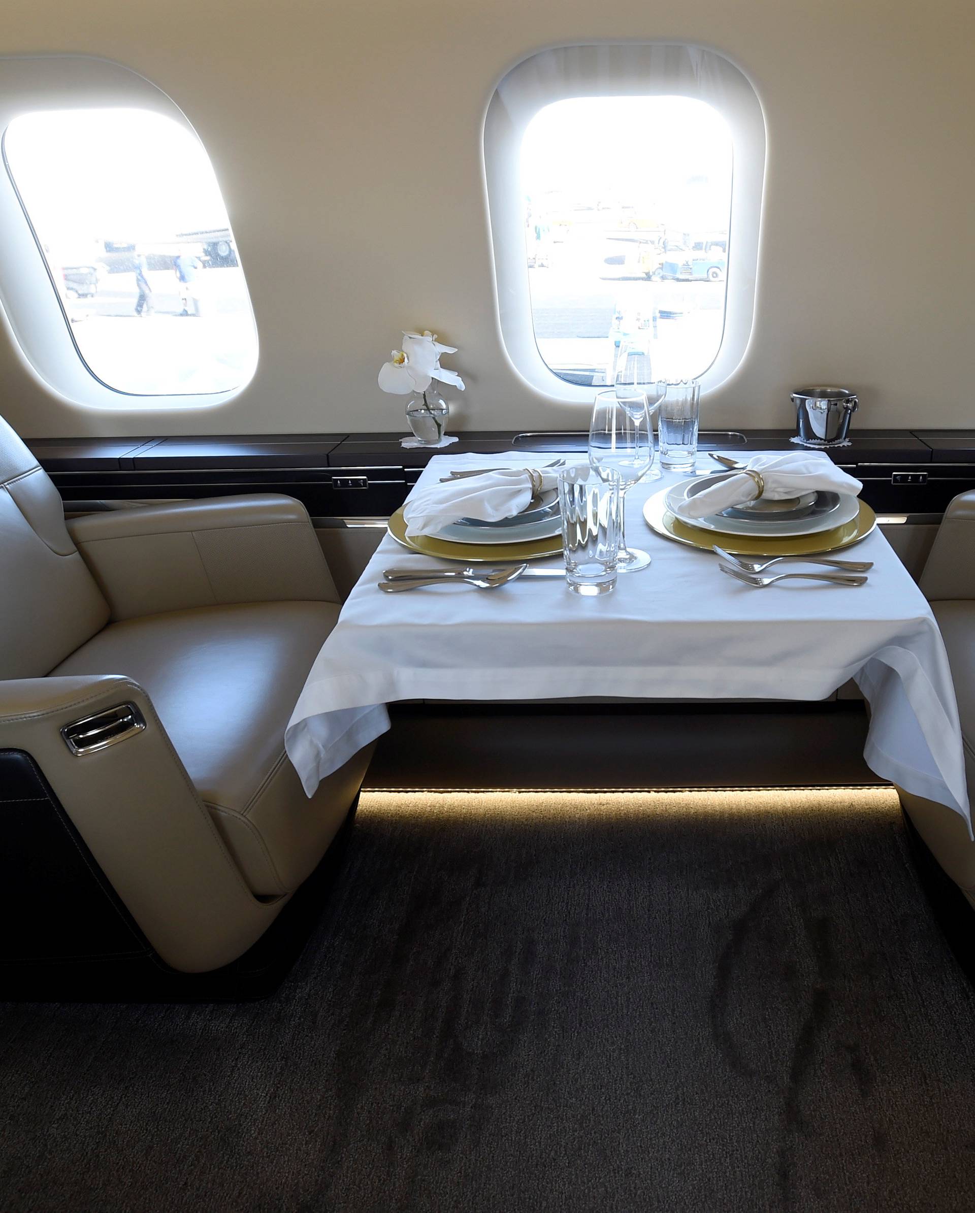 An interior view of a mock-up Bombardier Global 7000 business jet is seen during the National Business Aviation Association at the Henderson Executive Airport in Henderson