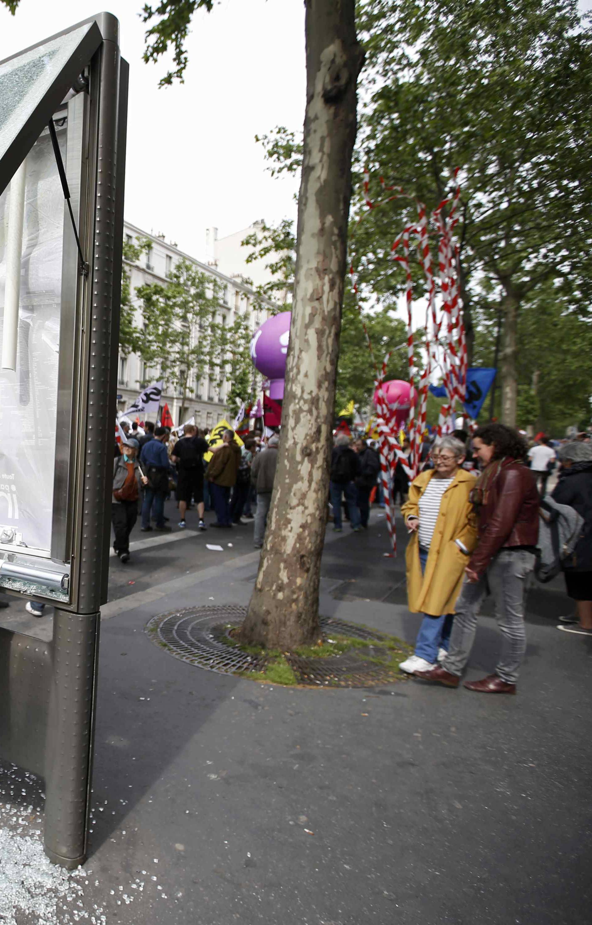 An advertizing board which was attacked by youths who took part in a demonstration in protest of the government's proposed labor law reforms in Paris