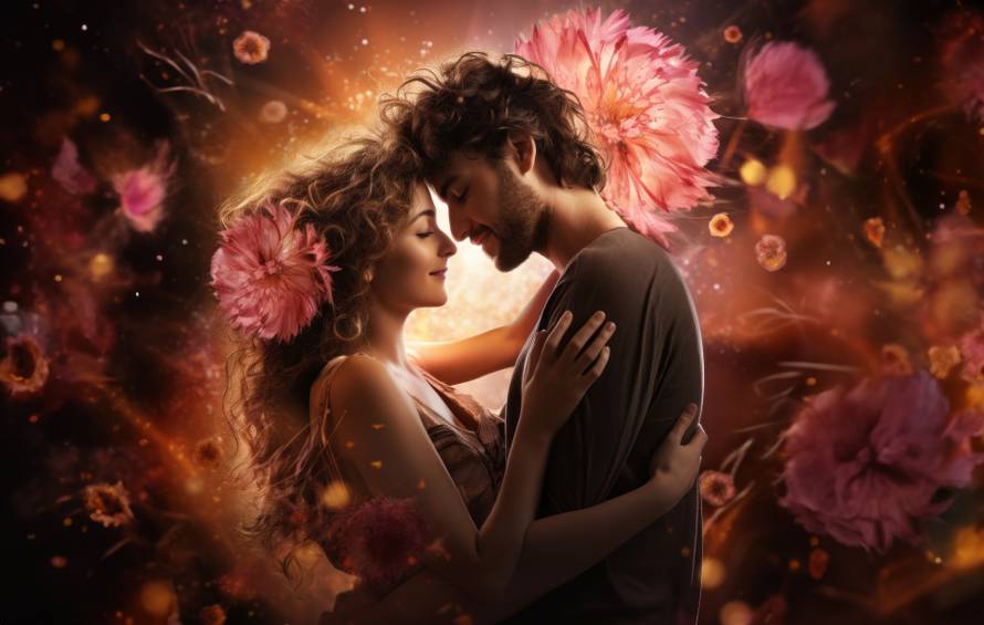 In an intimate embrace, the romantic couple shares a moment of love, creating a serene and affectionate connection. Ai Photo 