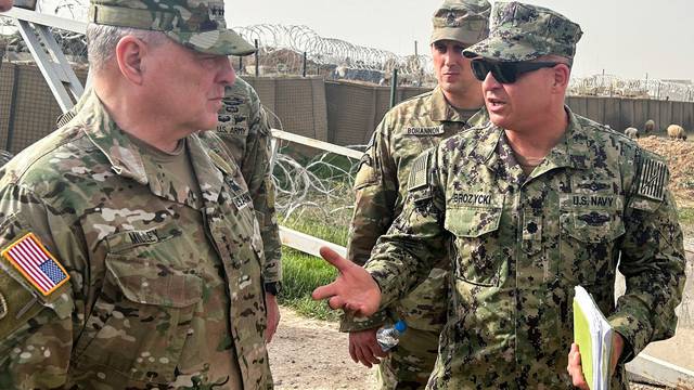 FILE PHOTO: U.S. Joint Chiefs Chair Army General Mark Milley speaks with U.S. forces in Syria at a U.S. military base in Northeast Syria