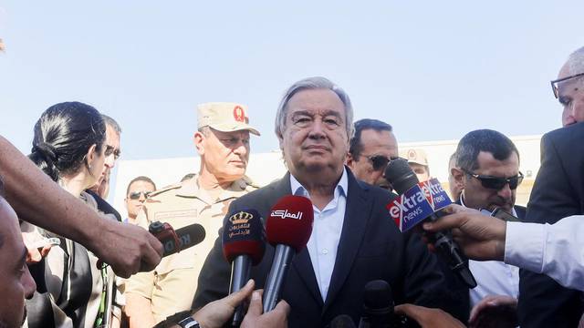 UN Secretary-General Antonio Guterres speaks to the media, after visiting the Rafah border crossing between Egypt and the Gaza Strip, at Al Arish Airport