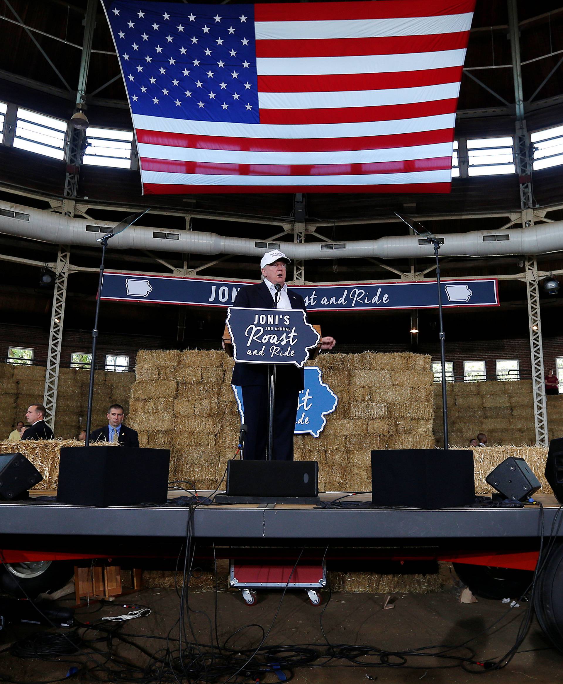 Republican nominee Donald Trump speaks at "Joni's Roast and Ride" in Des Moines,