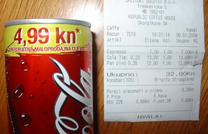 Maloprodajna cijena Coca-Cole 5 kuna, u kafiću 13 kn