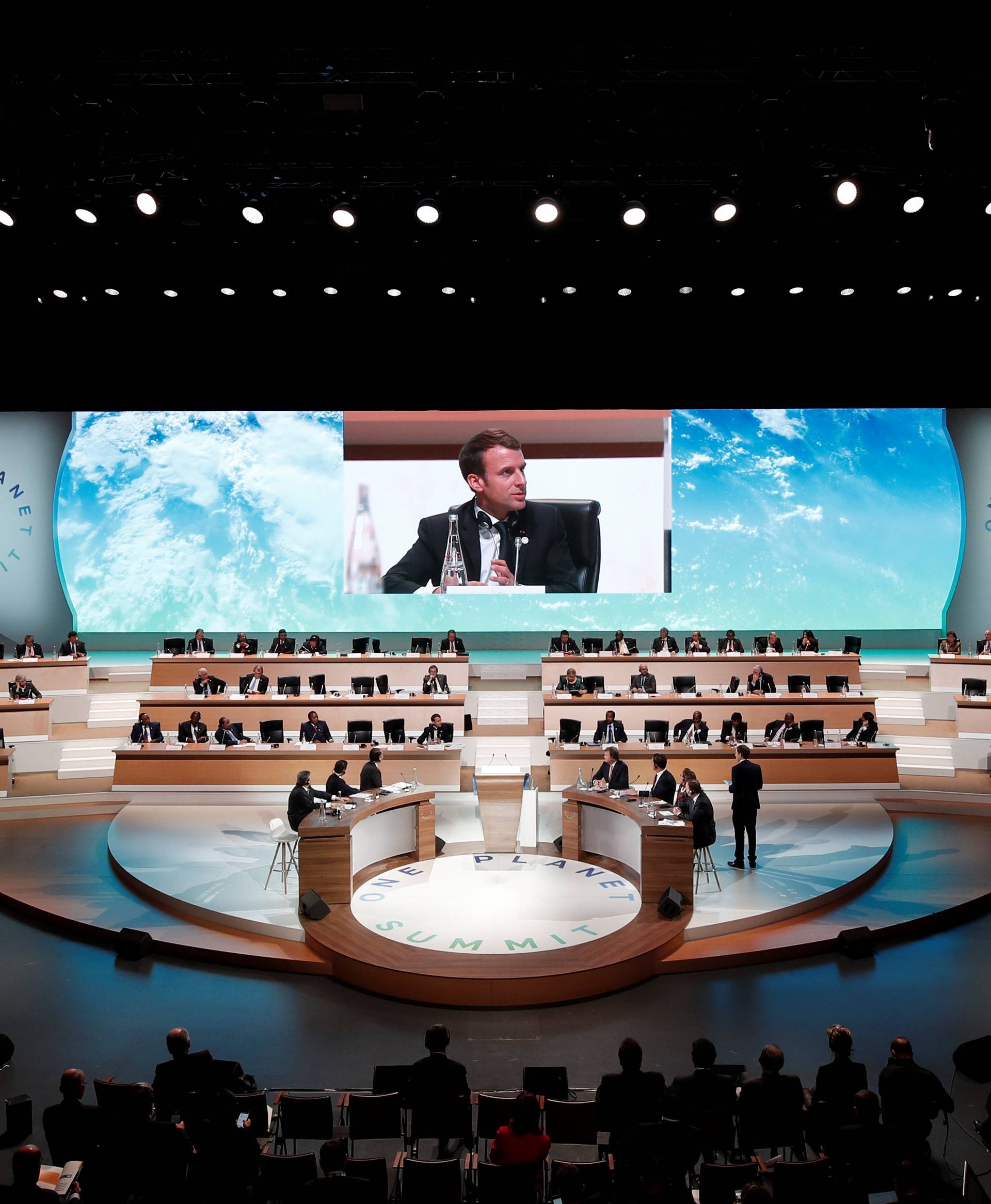 French President Emmanuel Macron attends the One Planet Summit at the Seine Musicale center in Boulogne-Billancourt