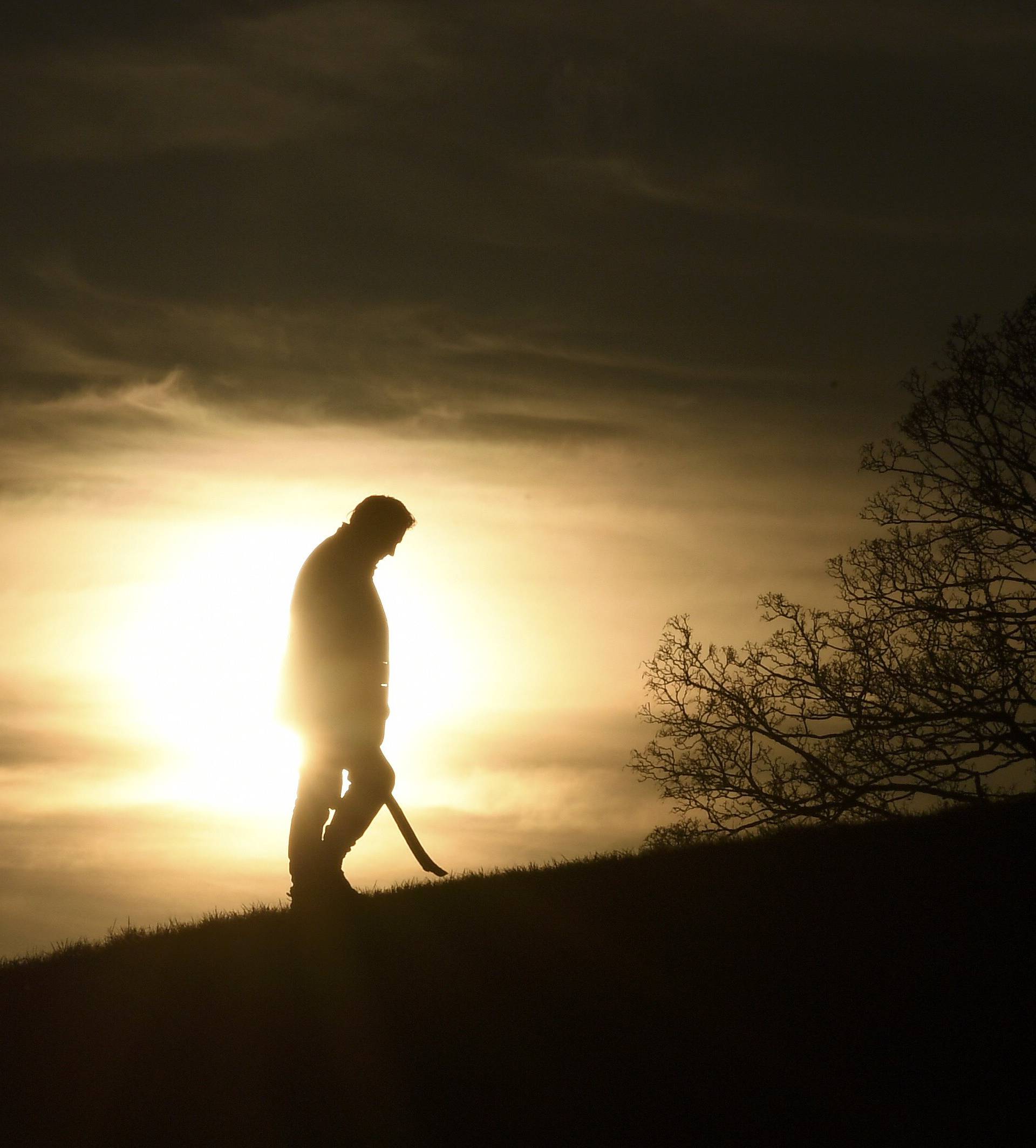 A man walks his dog in front of the setting sun on Primrose Hill in London
