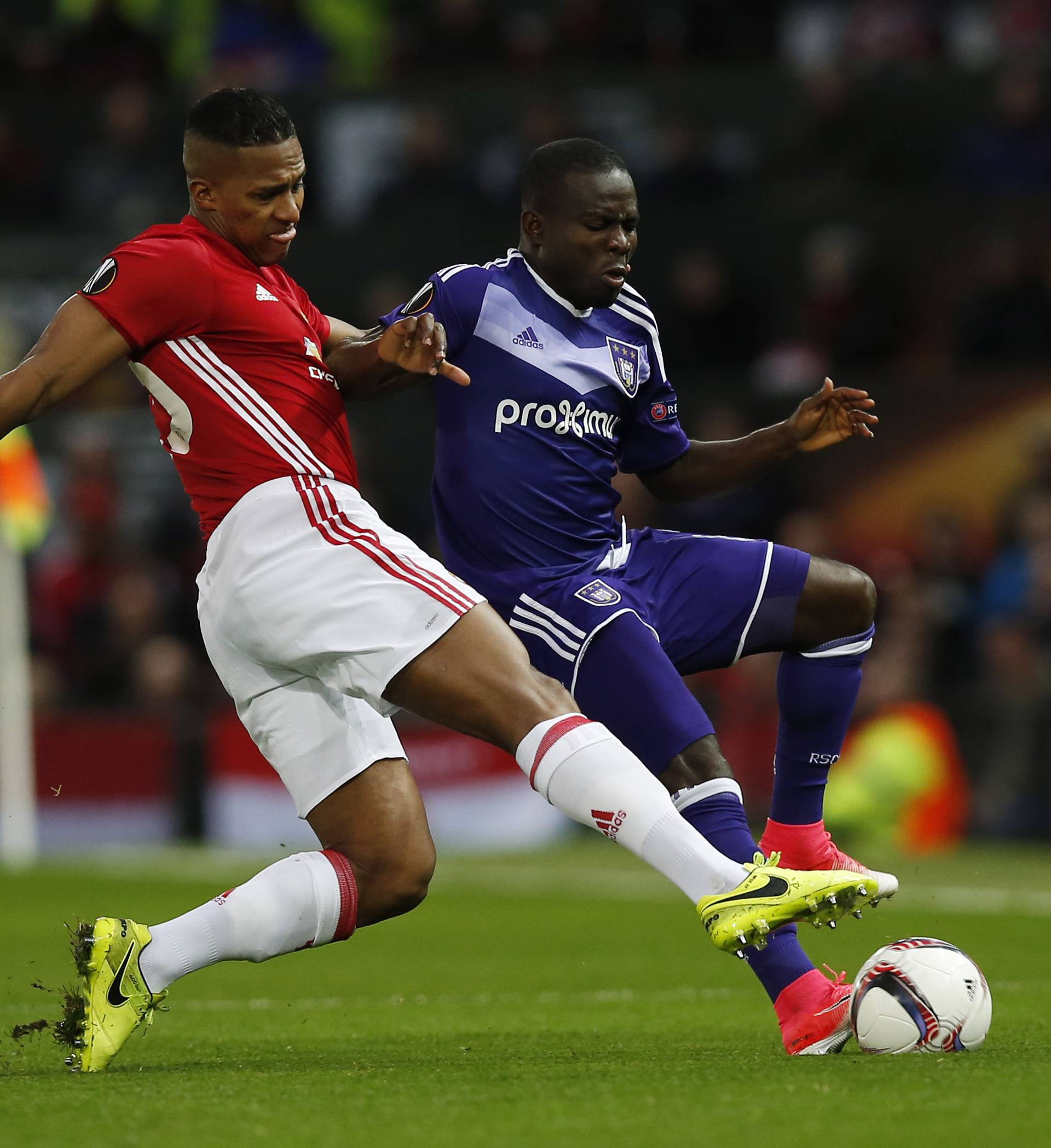 Manchester United's Antonio Valencia in action with Anderlecht's Frank Acheampong