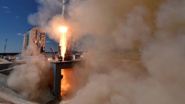 A Russian Soyuz 2.1A rocket carrying Lomonosov, Aist-2D and SamSat-218 satellites begins to lift off from the launch pad at the new Vostochny cosmodrome outside the city of Uglegorsk, about 200 kms from the city of Blagoveshchensk