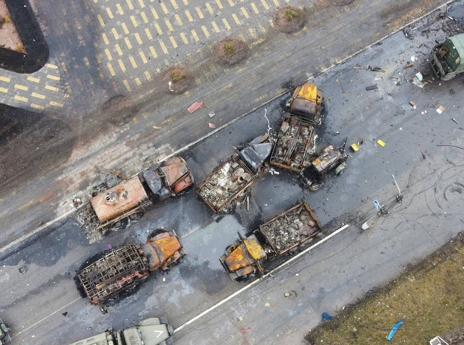Destroyed Russian military vehicles are seen on a street in Borodyanka