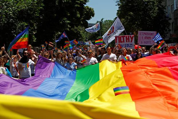 People take part in the first Gay Pride parade in Skopje