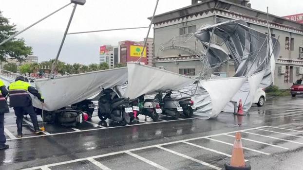 Collapsed canopy at a parking lot as Typhoon Haikui approaches, in Hualien