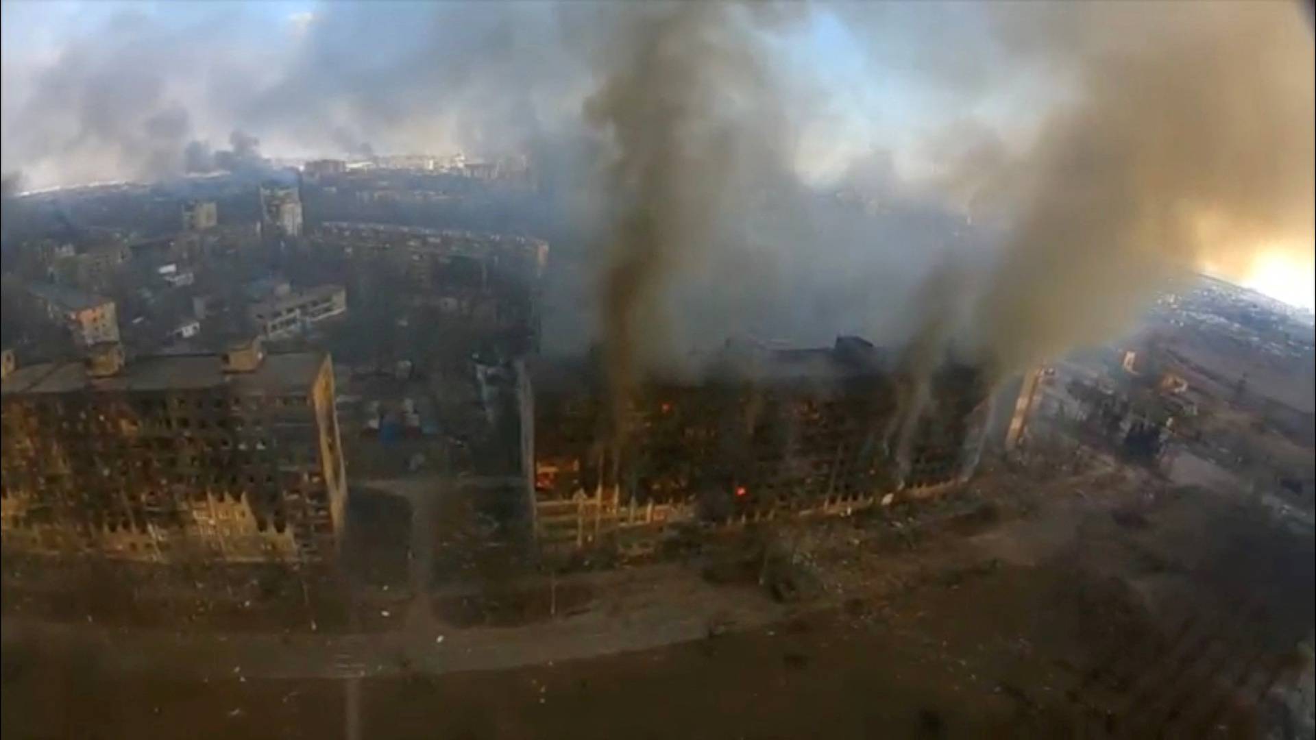 FILE PHOTO: Still image from drone footage shows destruction across Mariupol