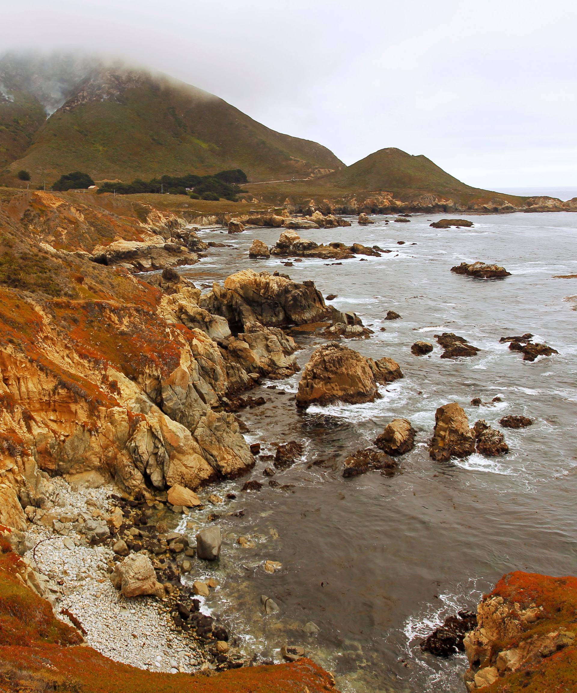 Fires burn at Garrapata State Park next to the Pacific Ocean during the Soberanes Fire north of Big Sur, California