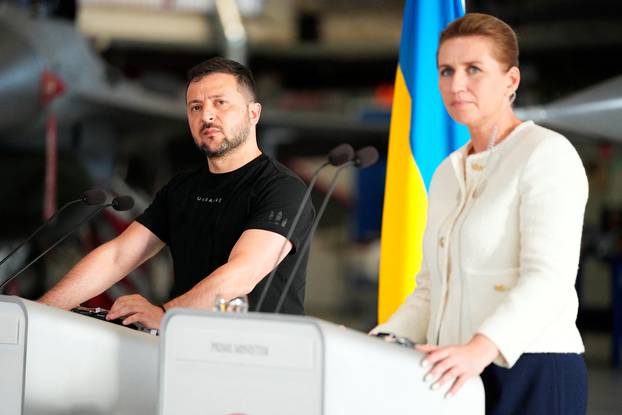 Ukrainian President Volodymyr Zelenskiy during a press conference at Skrydstrup Airbase in Vojens