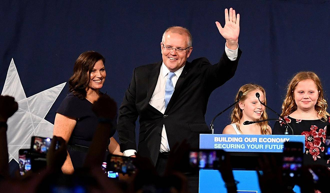 Australia's Prime Minister Scott Morrison with wife Jenny, children Abbey and Lily after winning the 2019 Federal Election, at the Federal Liberal Reception at the Sofitel-Wentworth hotel in Sydney