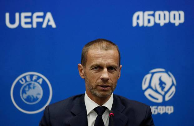 FILE PHOTO: UEFA President Aleksander Ceferin speaks during a news conference in Minsk