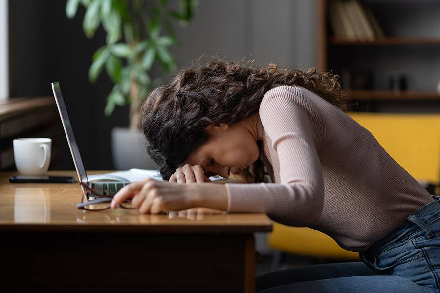 Work Burnout. Tired Exhausted Female Employee Feeling Energy Dep